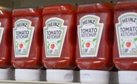 Heinz ketchup bottles on a retail shelf