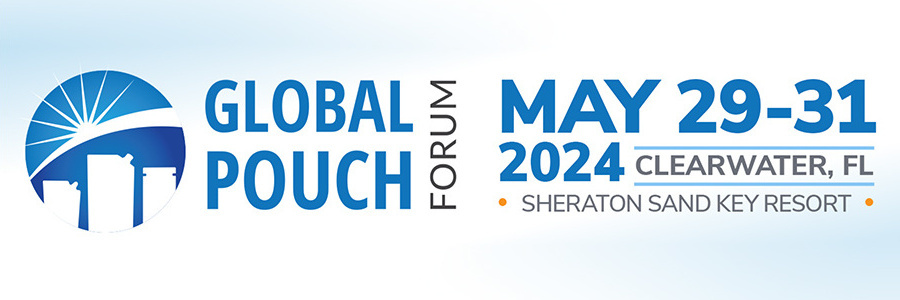 Global Pouch Forum website header with logo and text of May 29-31, 2024, Clearwater, FL, Sheraton Sand Key Resort.