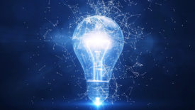Electric light with bulb bright polygonal connections on a dark blue background.