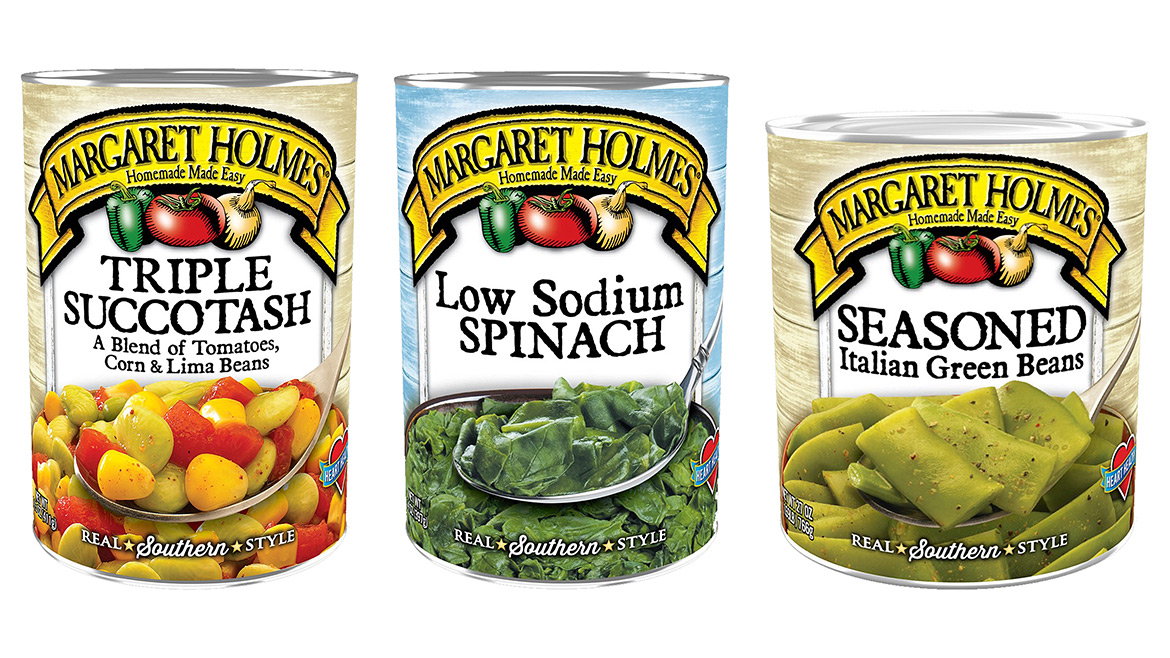 Examples of McCall Farms canned vegetables, including canned green beans, canned spinach, and canned succotash.