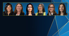 Background: Blue polygonal background with golden lines. Foreground from left to right: 2024 featured Women in Packaging – Dana Austin, Jessica Fischer, Babitha George, Kate Gilpin, Amy Mercante, Amy Phinney.