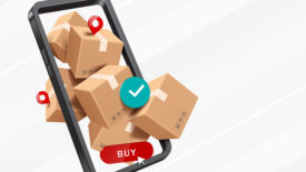 Illustration showing parcel boxes packed tightly inside smartphone on a white abstract background.