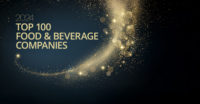 2024 Top 100 Food & Beverage Companies banner. 2024 shiny color gold wave design element.