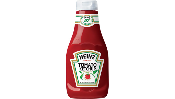 The iconic design of the glass Heinz ketchup bottle.