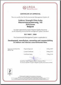 Valeron Strength Films ISO14001 Certificate